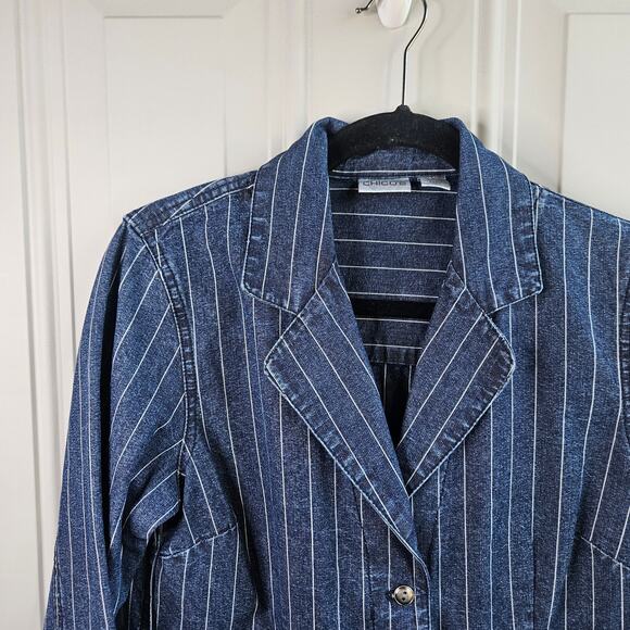 Chicos Denim Blazer Jacket Size 0 Small white Pin Striped Career Wear Business - Picture 4 of 7